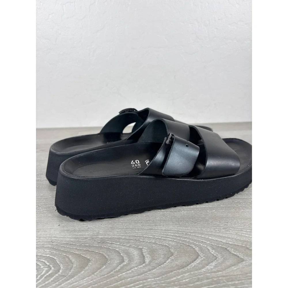 Papillio by Birkenstock Almina Exquisite Black Leather Platform Slide Sandals 40